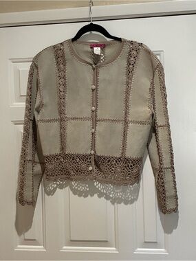 IDI by Mathew leather & Crochet Trim Beige Cardigan Jacket